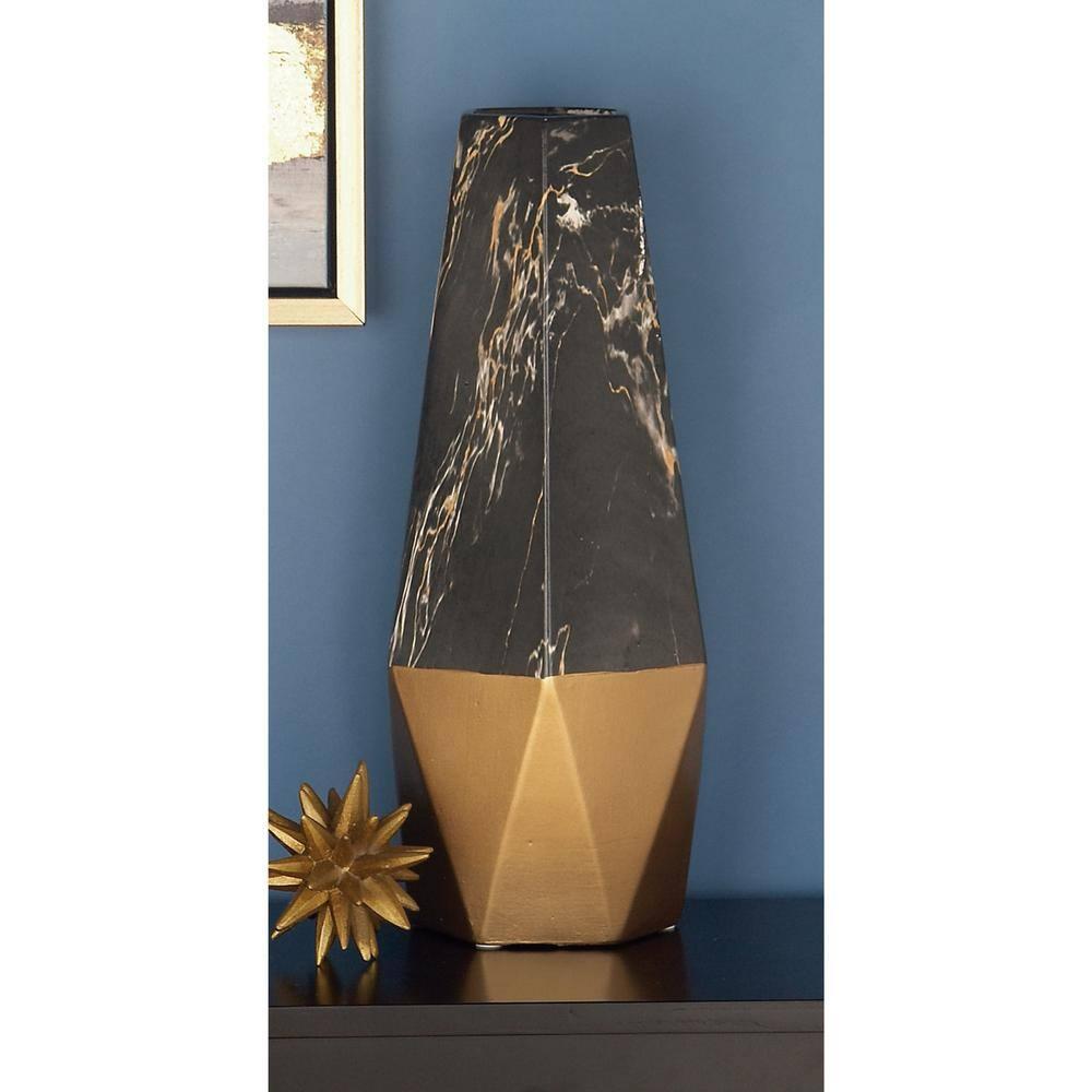 Mercer41 Bhavya Ceramic Faux Marble Decorative Dark Gray Vase with Gold Base