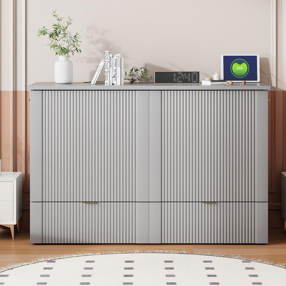 Gray Wood Frame Full Size Murphy Bed with A Spacious Drawer, USB Ports and Sockets, Pulley Structure Design