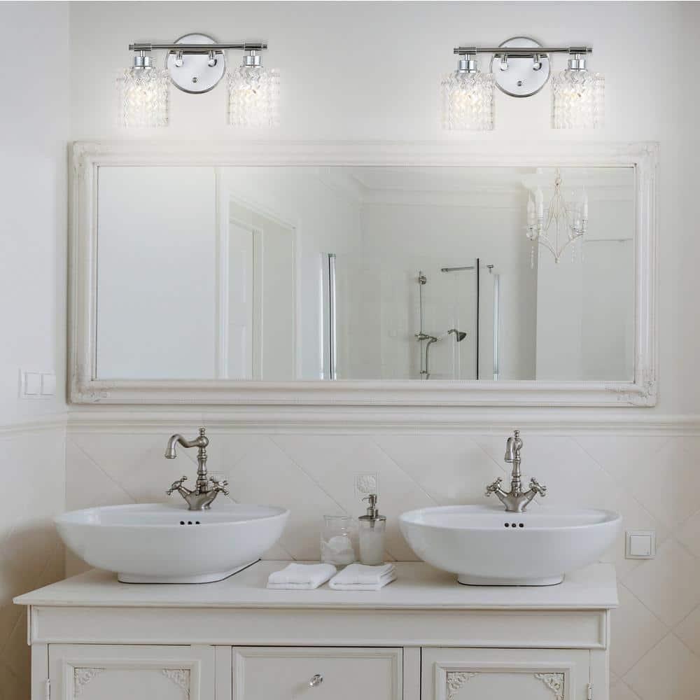 Spaulding Vintage 13" 2-Light Iron/Chevron Pattern Glass Farmhouse Cottage LED Vanity Light, Chrome