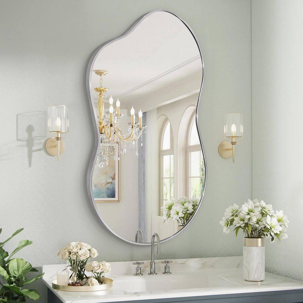 36 in. W. x 20 in. H Irregular Silver Aluminum Alloy Framed Wall Mirror Asymmetrical Wall Mirror