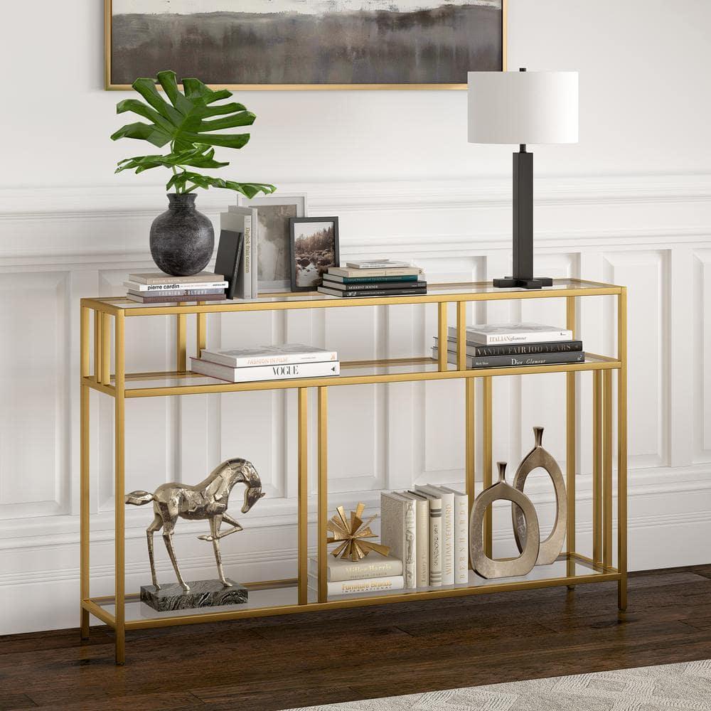 Evelyn&Zoe Cortland 48" Wide Rectangular Console Table with Glass Shelves, Brass