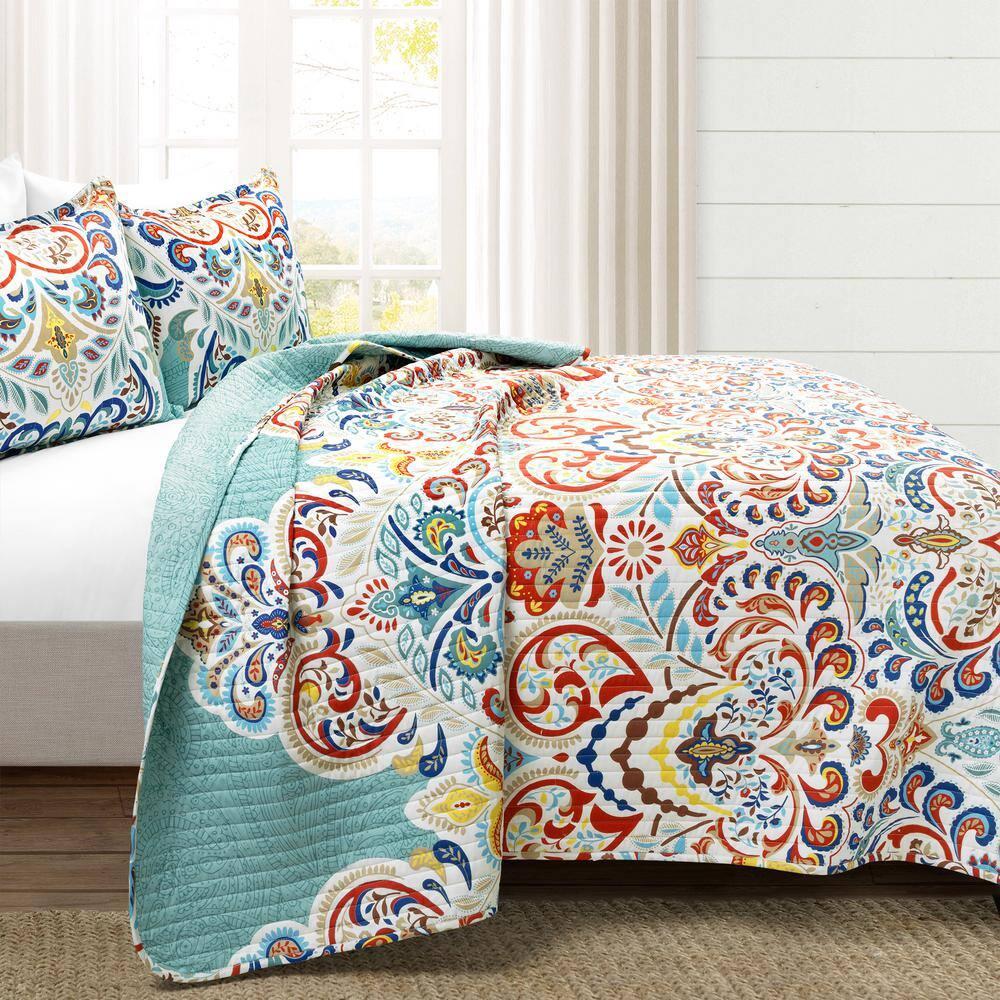 Lush Decor Boho Chic Reversible Oversized Cotton Quilt Seafoam/Red 3Pc Set Full/Queen