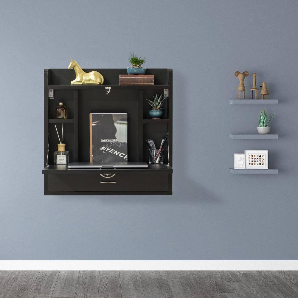 Basicwise Wall Mount Folding Laptop Writing Computer or Makeup Desk with Storage Shelves and Drawer, Black