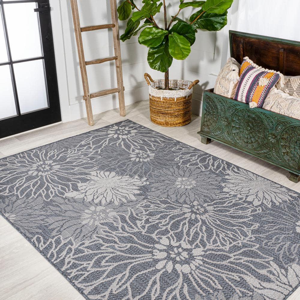 3' x 5' Bahamas Modern All-Over Floral Indoor/Outdoor Area Rug, Navy/Gray - JONATHAN Y