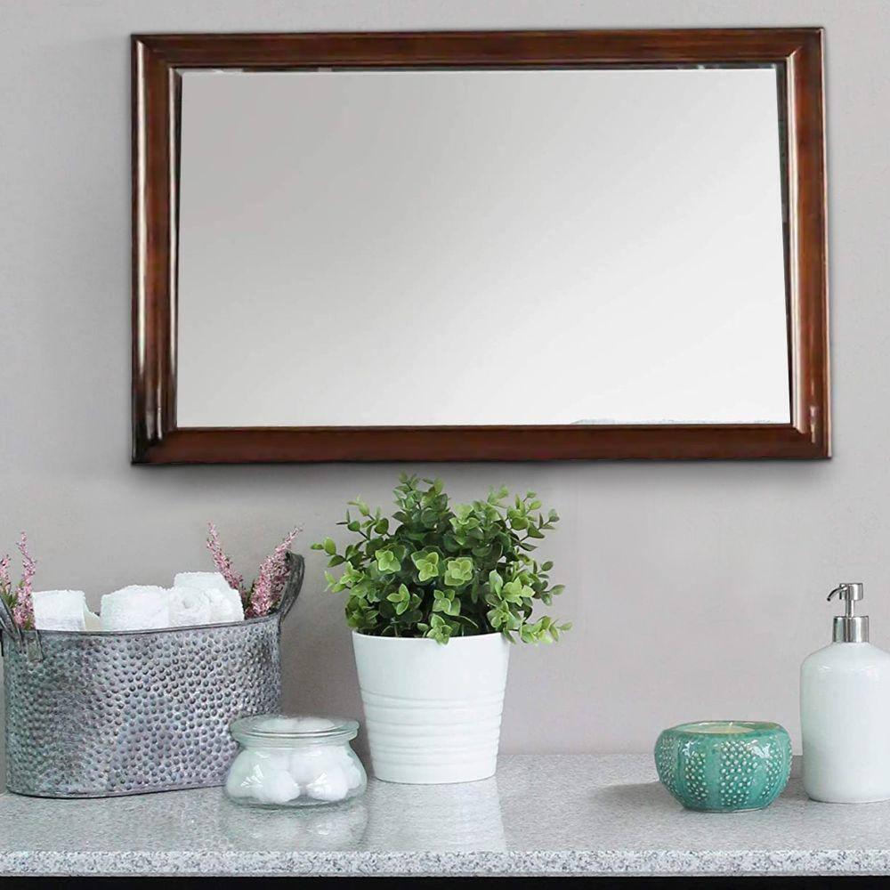 44 Inch Wall Mirror Molded Trim Rectangular Wood Frame Cherry Brown - Saltoro Sherpi
