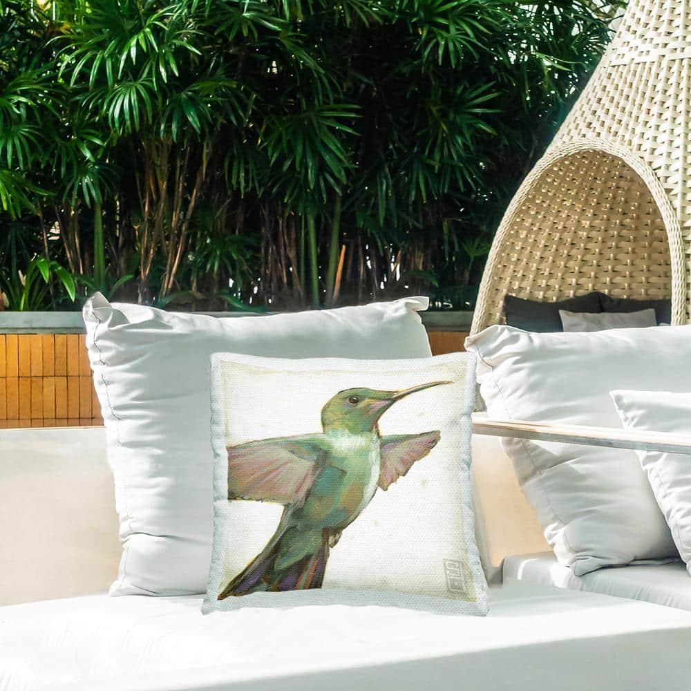 Green Hummingbird Flying Green Square Outdoor Throw Pillow