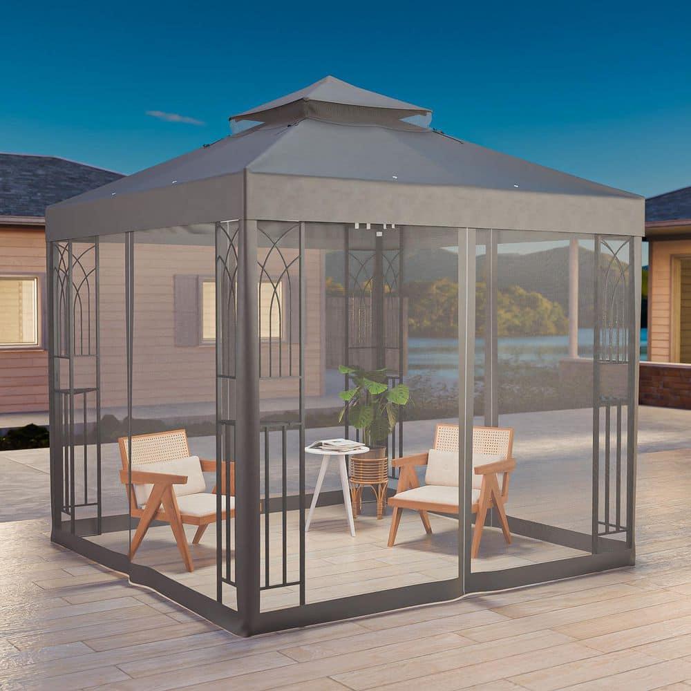 COOS BAY 8 Ft. W x 8 Ft. D Steel Frame Vented Soft Top Patio Gazebo with Mesh Netting, Corner Shelves