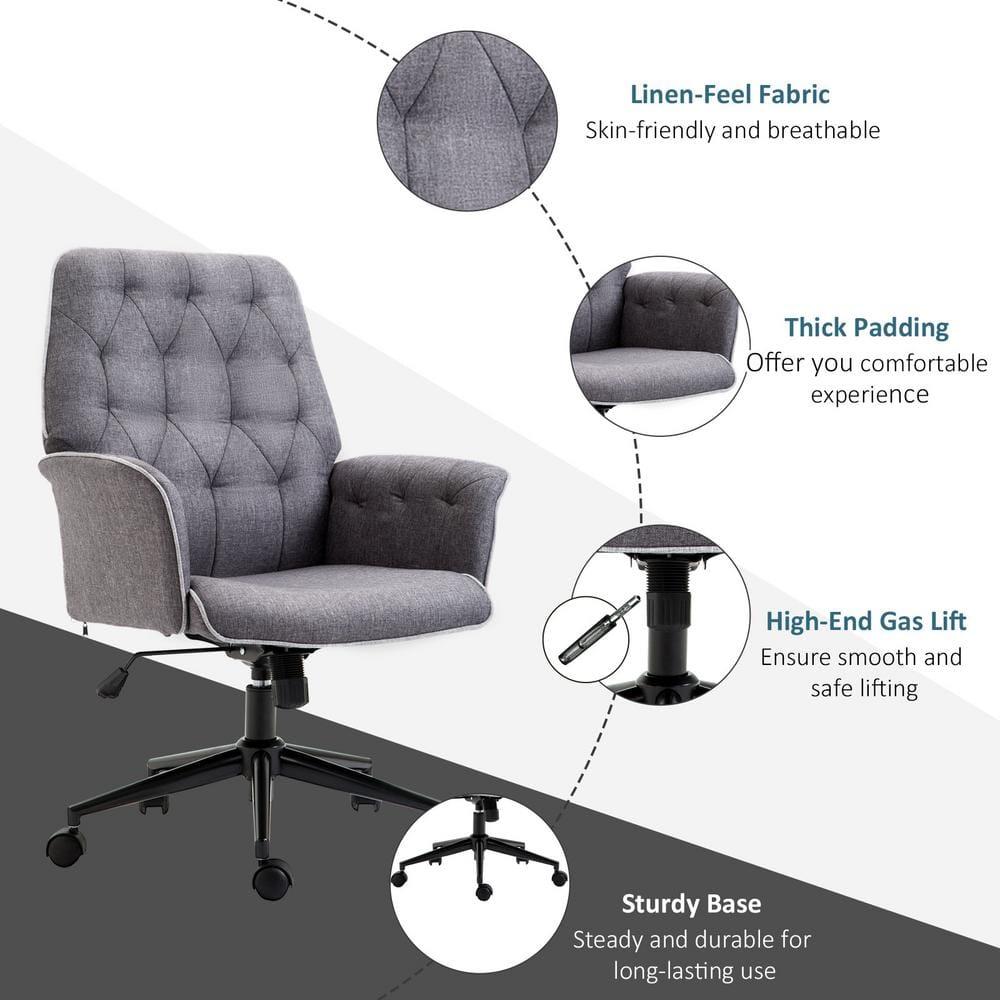 Vinsetto Modern Mid-Back Tufted Linen Home Office Desk Chair with Arms, Swivel Adjustable Task Chair, Upholstery Accent Chair with Soft Seat, Gray