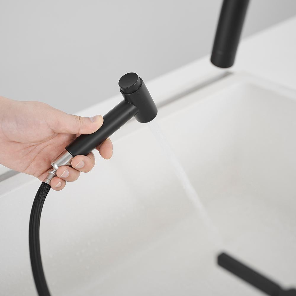 Double Handle Bridge Kitchen Faucet with Side Sprayer in Matte Black