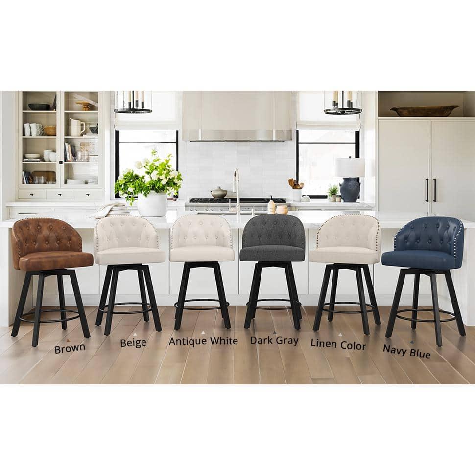 Counter Height Bar Stools Set of 3, 26" Swivel Fabric Upholstered Bar Stools with Backs and Metal Legs, Retro Counter Stools for Kitchen Island, Dining Room, Pub, Linen