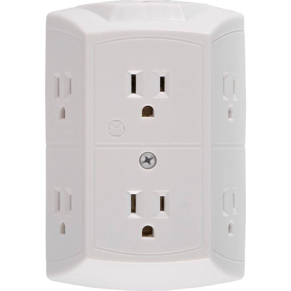GE 6-Outlet Wall Adapter, Reset Button, Wide Spaced Outlets, 56575