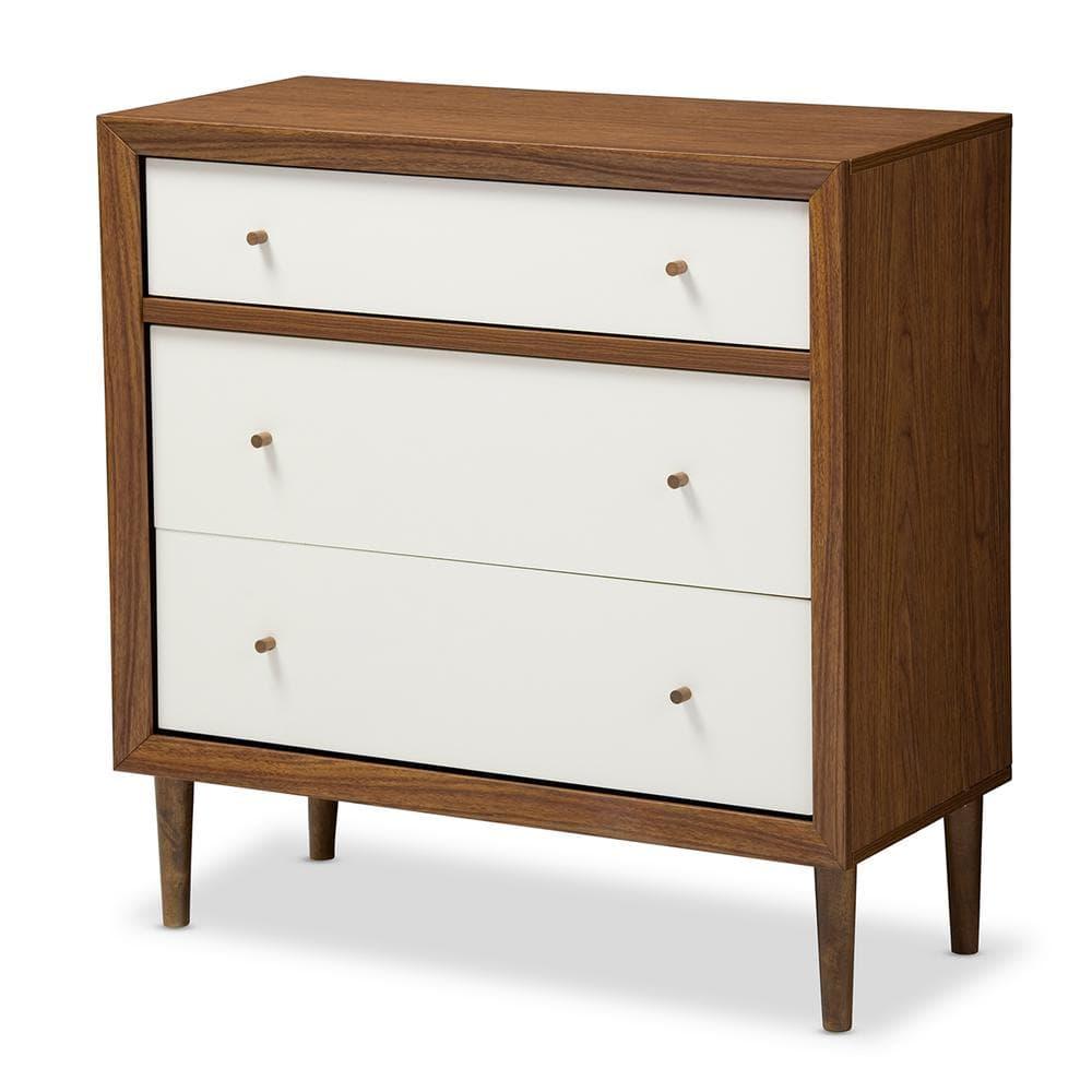Baxton Studio Harlow Mid-Century Modern Scandinavian Style Wood 3 Drawer Chest White/Walnut : Rubberwood Frame, Spot Clean