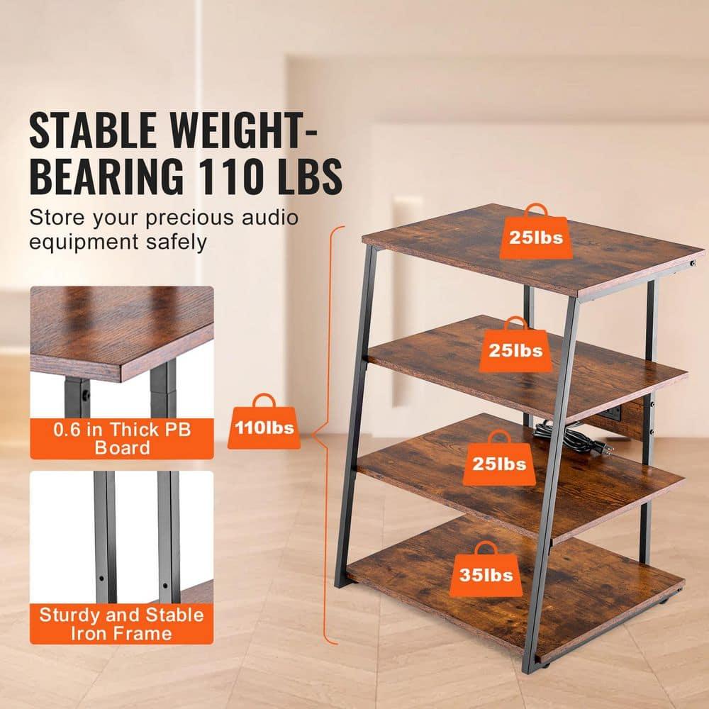 VEVOR 4-Tier AV Media Stand with Power Strips, Corner TV Stand with LED Lights, Height Adjustable Wooden Shelves
