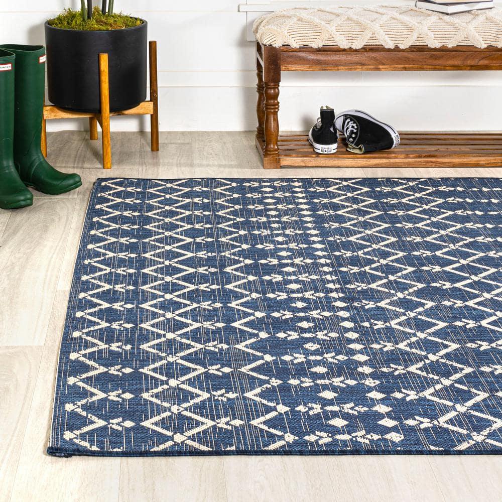 8' x 10' Ourika Moroccan Geometric Textured Weave Indoor/Outdoor Area Rug, Navy/Beige - JONATHAN Y