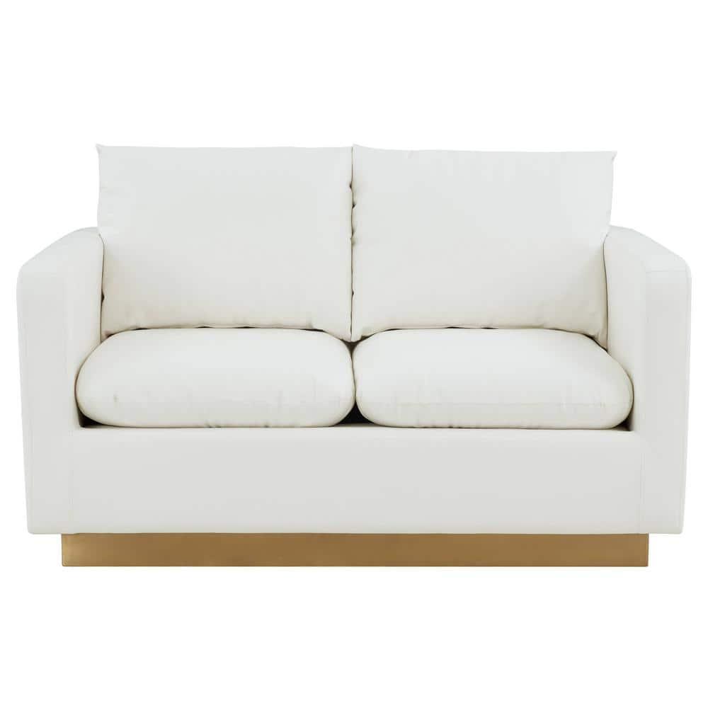 LeisureMod Nervo Mid-Century Modern Upholstered Faux Leather Loveseat with Gold Frame in White