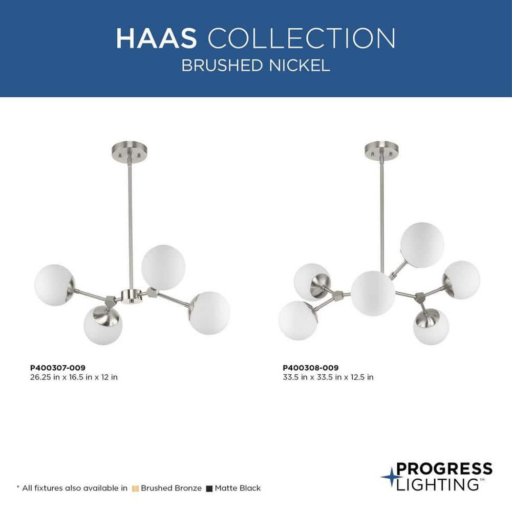 Progress Lighting Haas 6-Light Chandelier, Brushed Nickel, Etched Opal Glass Globes, Design Series