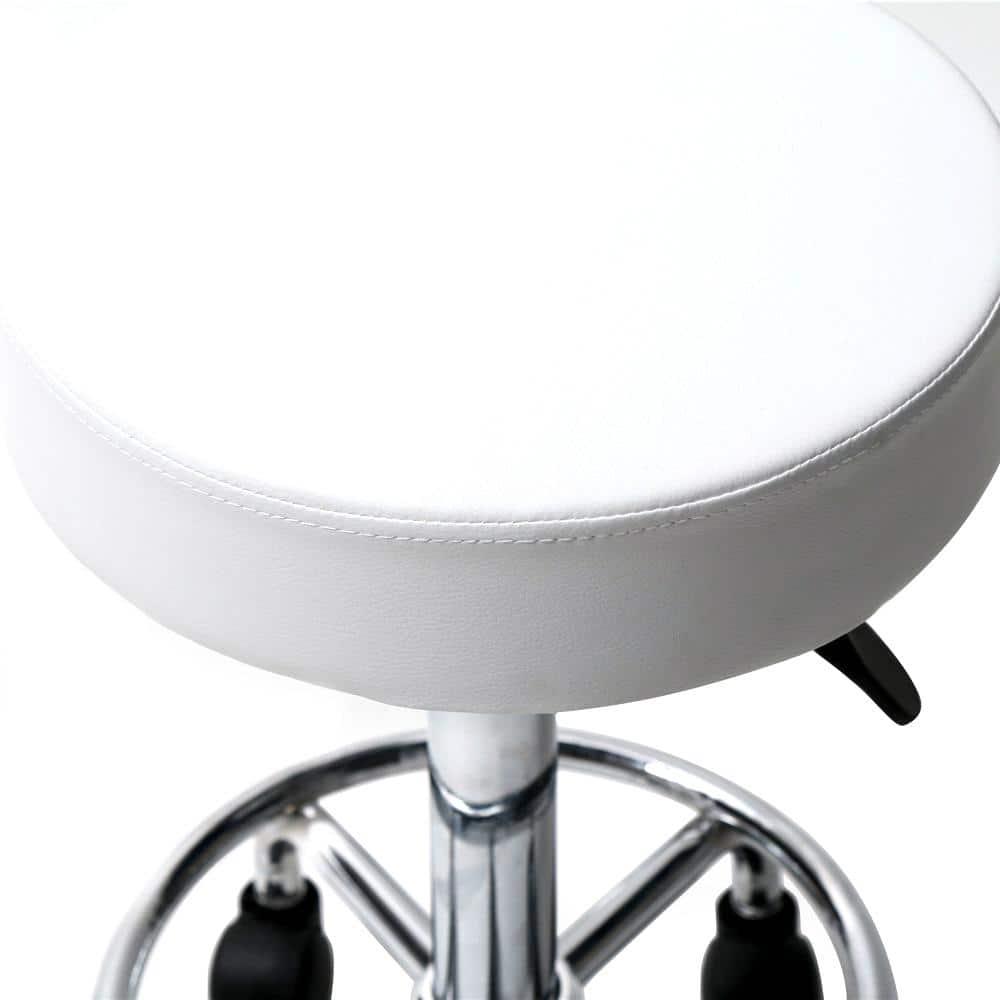 MDHAND Adjustable Swivel Round Bar Stool, PU Leather Hydraulic Rolling Facial Massage Tattoo Spa Chair, 5 Wheel Rotate 360 Degrees, White