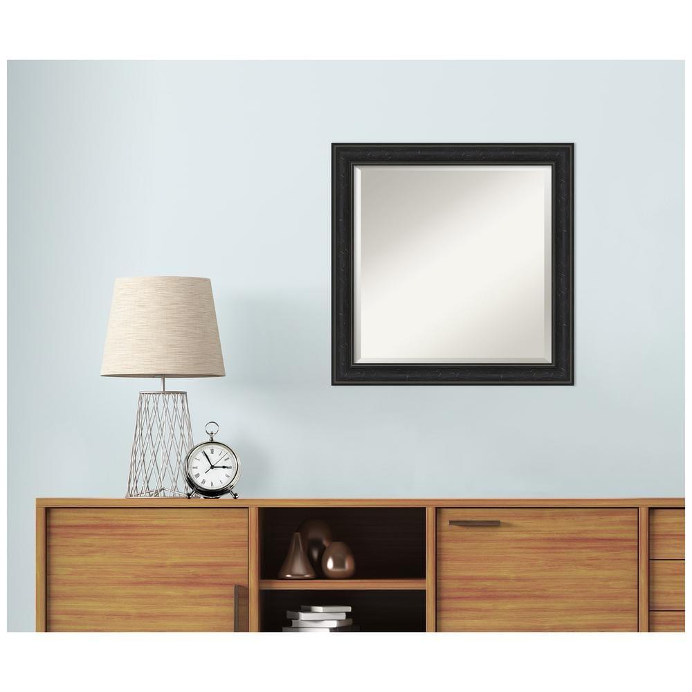 Amanti Art Beveled Bathroom Wall Mirror - Shipwreck Black Narrow Frame Outer Size: 24 x 24 in