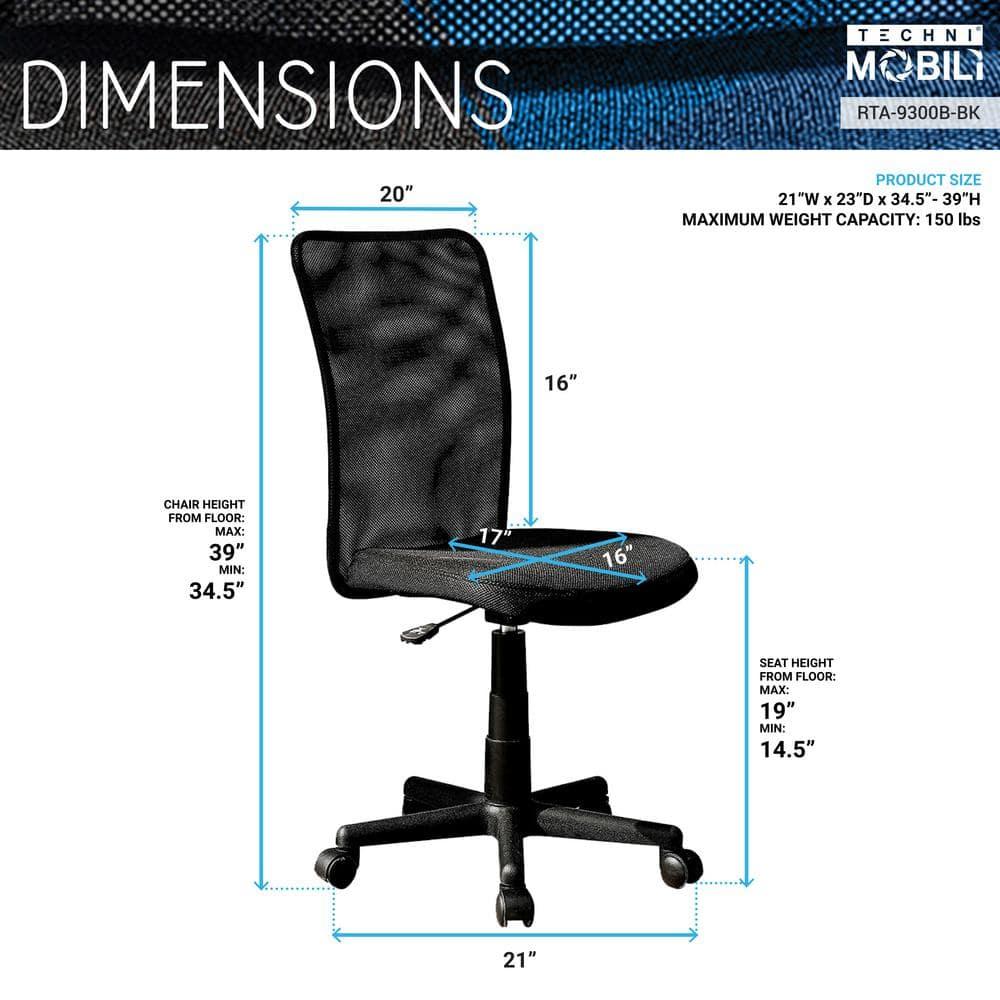 Mesh Task Office Chair Black - Techni Mobili: Pneumatic Height Adjustment, 5-Star Base, Armless
