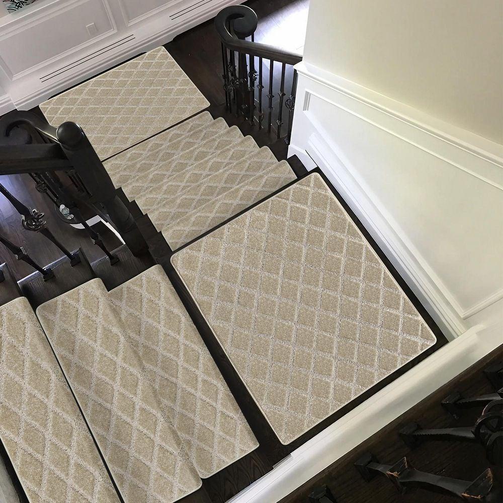 PURE ERA Bullnose Carpet Stair Treads Protectors for Wooden Steps 9.5" x 30"x1.2" Pet Friendly Tape Free Non-Slip (Set of 14 Pieces,Cream Gray Diamond Trellis)