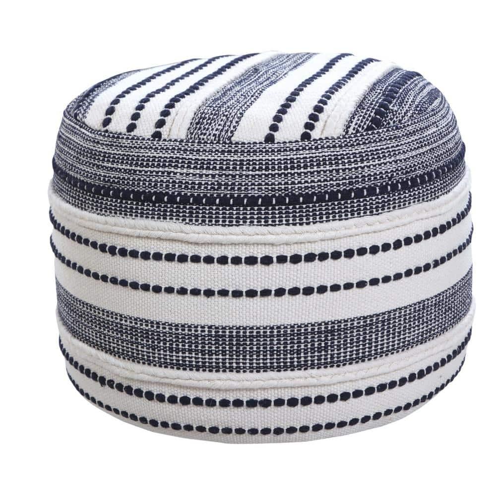 LR Home Fred Round Navy/White Striped Indoor Pouf Ottoman, 14"H x 18"W