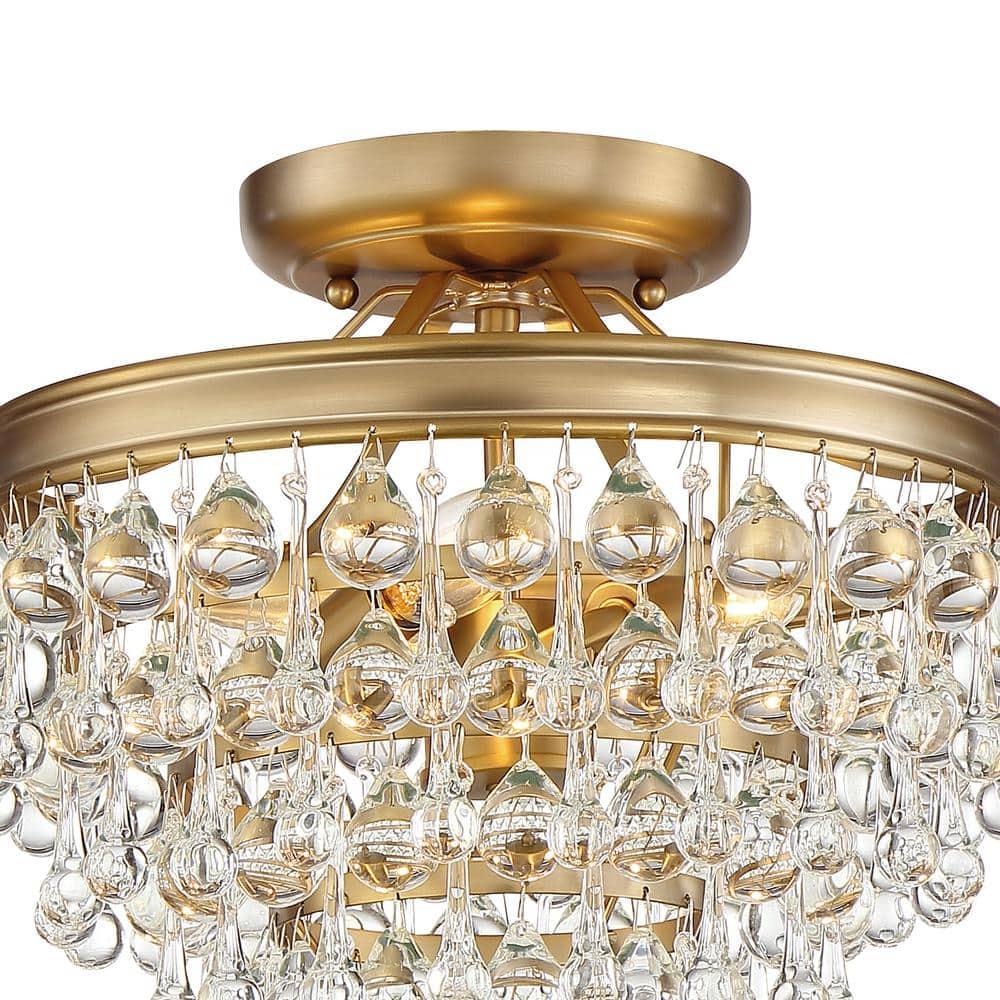 Vibrant Gold Crystal 3-Light Ceiling Mount with Clear Glass Drops