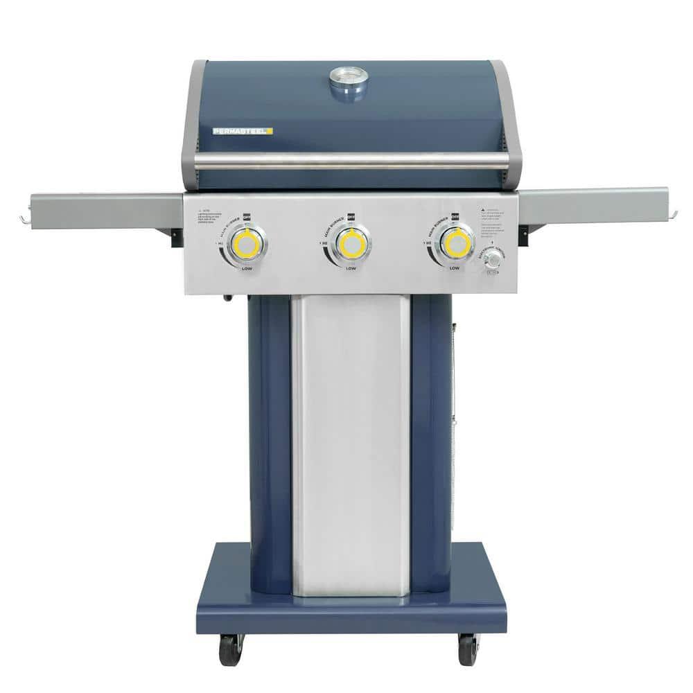 Permasteel 3-Burner Compact Propane Gas Grill with Foldable Side Tables and Grilling Tool Hooks