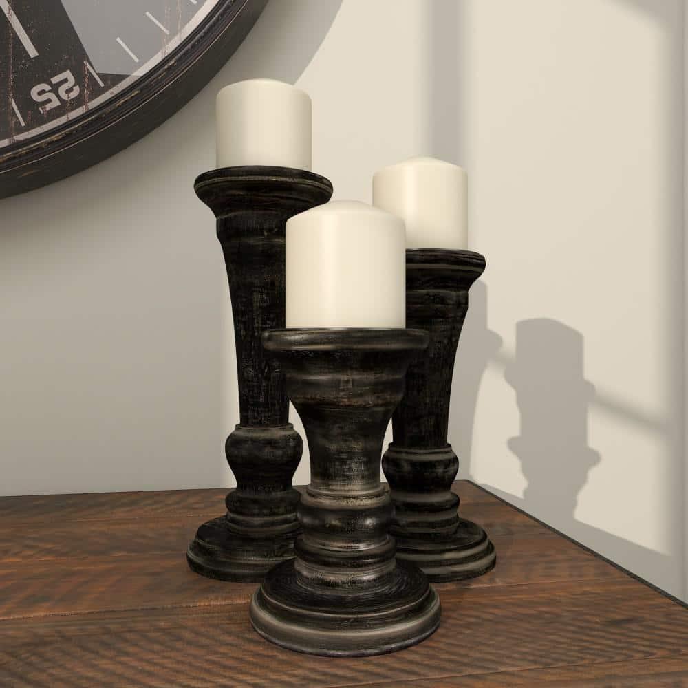 DecMode 3 Candle Black Mango Wood Candle Holder, Set of 3