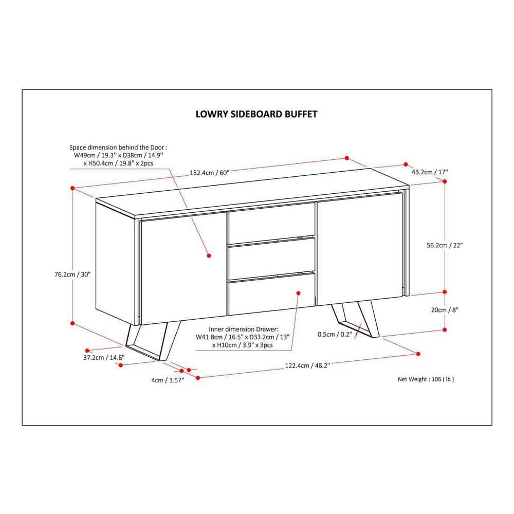 Simpli Home Lowry 60"W Solid Wood Modern Industrial 2-Door Sideboard Buffet with 3 Center Drawers