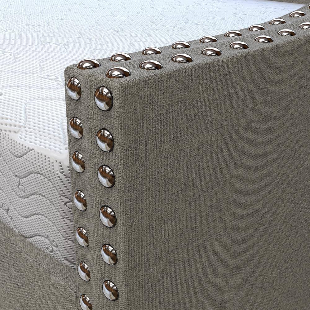 Manchester Twin Size Daybed with Wheeled Trundle, Gray Linen, with Tufted Upholstery and Nailhead Trim