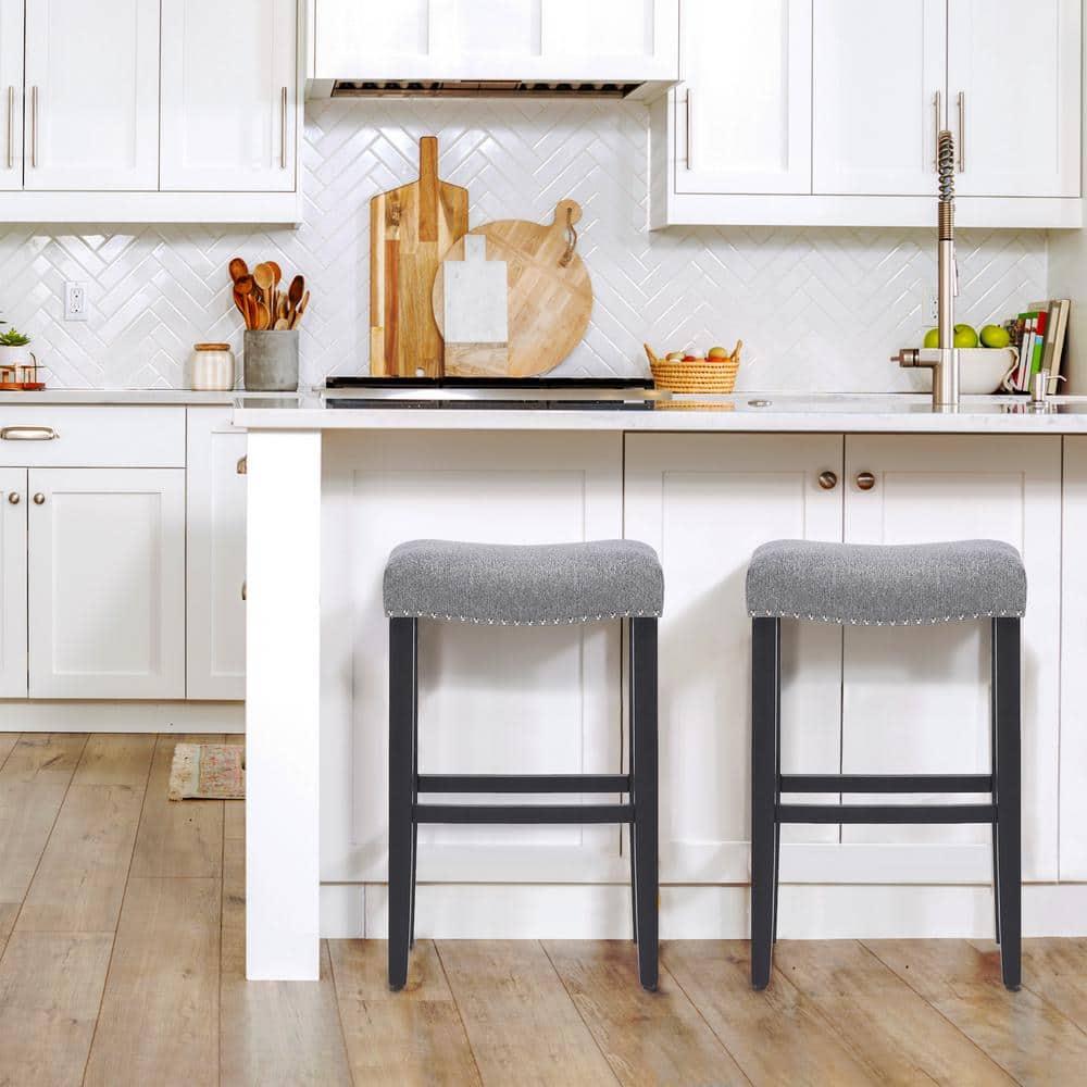 Polytrends Jameson Upholstered Polyester Black 29 Inch Bar Stool (Set Of 2) Black/Gray Metal Metal Upholstered Polyester Glam