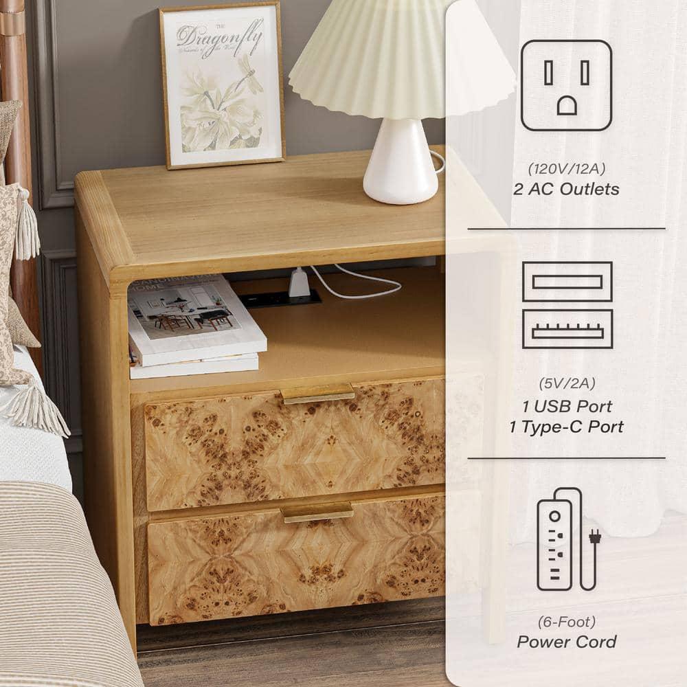 COZAYH Farmhouse 2 Drawer Home Bedroom Nightstand with Charging Station, Side Table with Power Outlet, USB and Type-C Ports, Burl Wood Finish, Natural