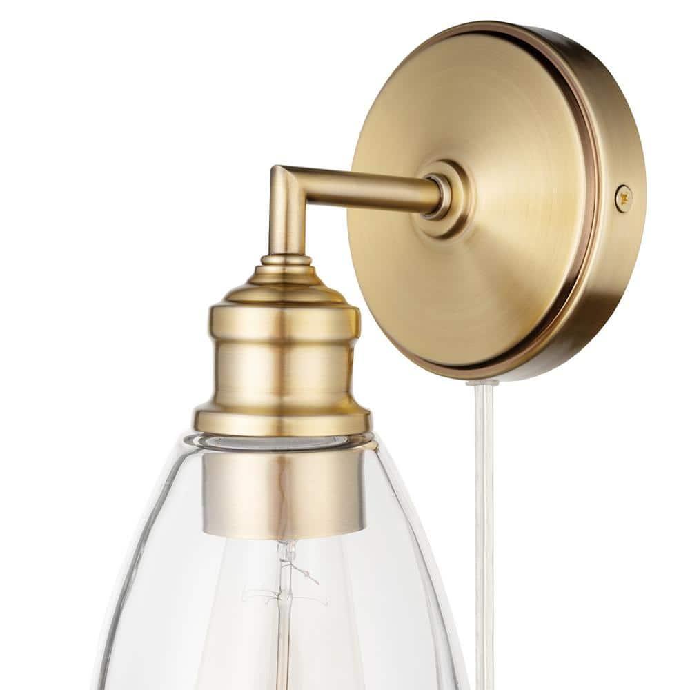Globe Electric Molly 1-Light Matte Brass Plug-In or Hardwire Wall Sconce with Clear Glass Shade, Bulb Included, 51613