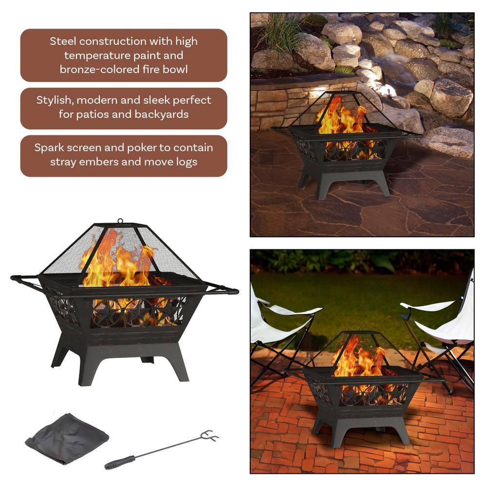 Pure Garden 32-Inch Square Outdoor Fire Pit - Star Wood Burning Firepit