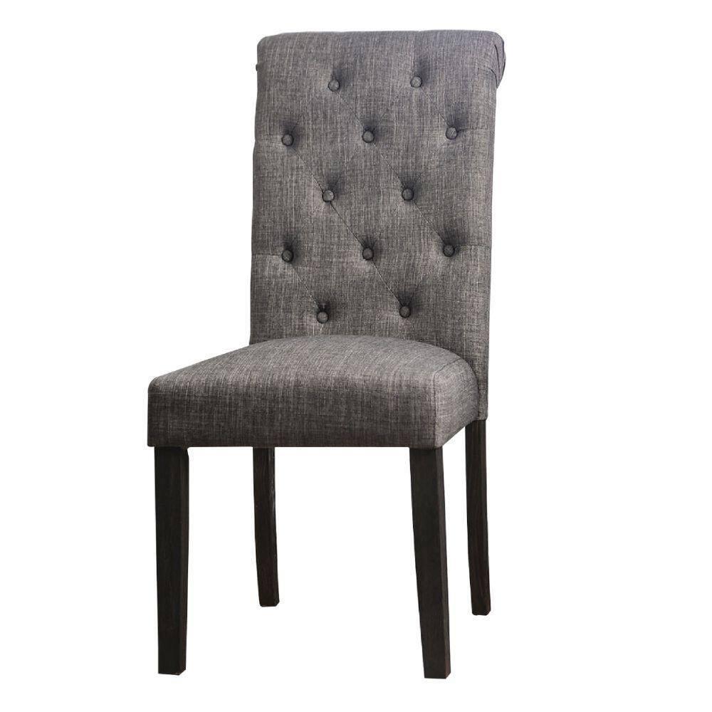 27 Inch Fabric Dining Chair, Button Tufted Rolled Back, Wood, Gray - Saltoro Sherpi