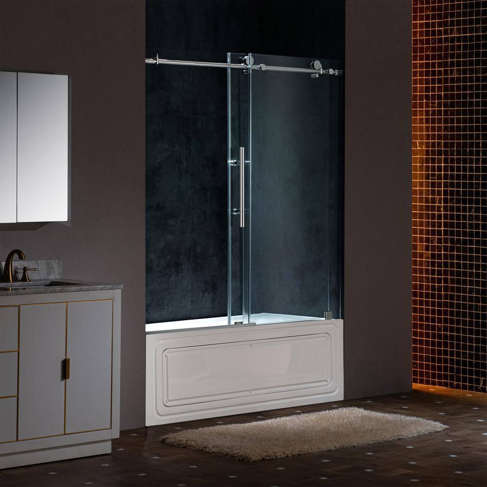 WoodBridge Frameless Single Sliding Shower Doors, 56-60" W X 62" H With 5/16" Clear Tempered Glass And Explosion-Proof Film MSDF6062-B
