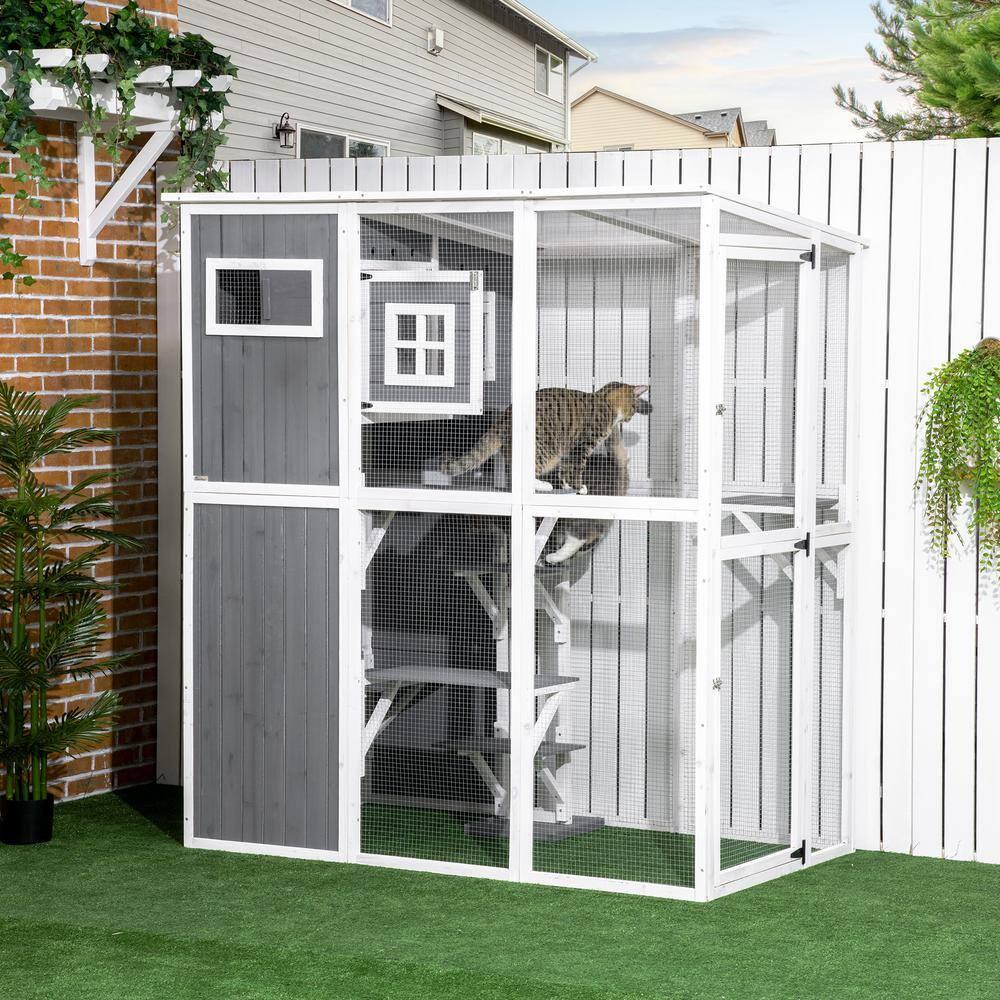 PawHut Walk-in Catio Outdoor Cat Enclosure, 7 Perches & Divided Den, Outdoor Cat House Weatherproof, Cat Shelter Kitty House Cat Cage, Cat Gift, Gray
