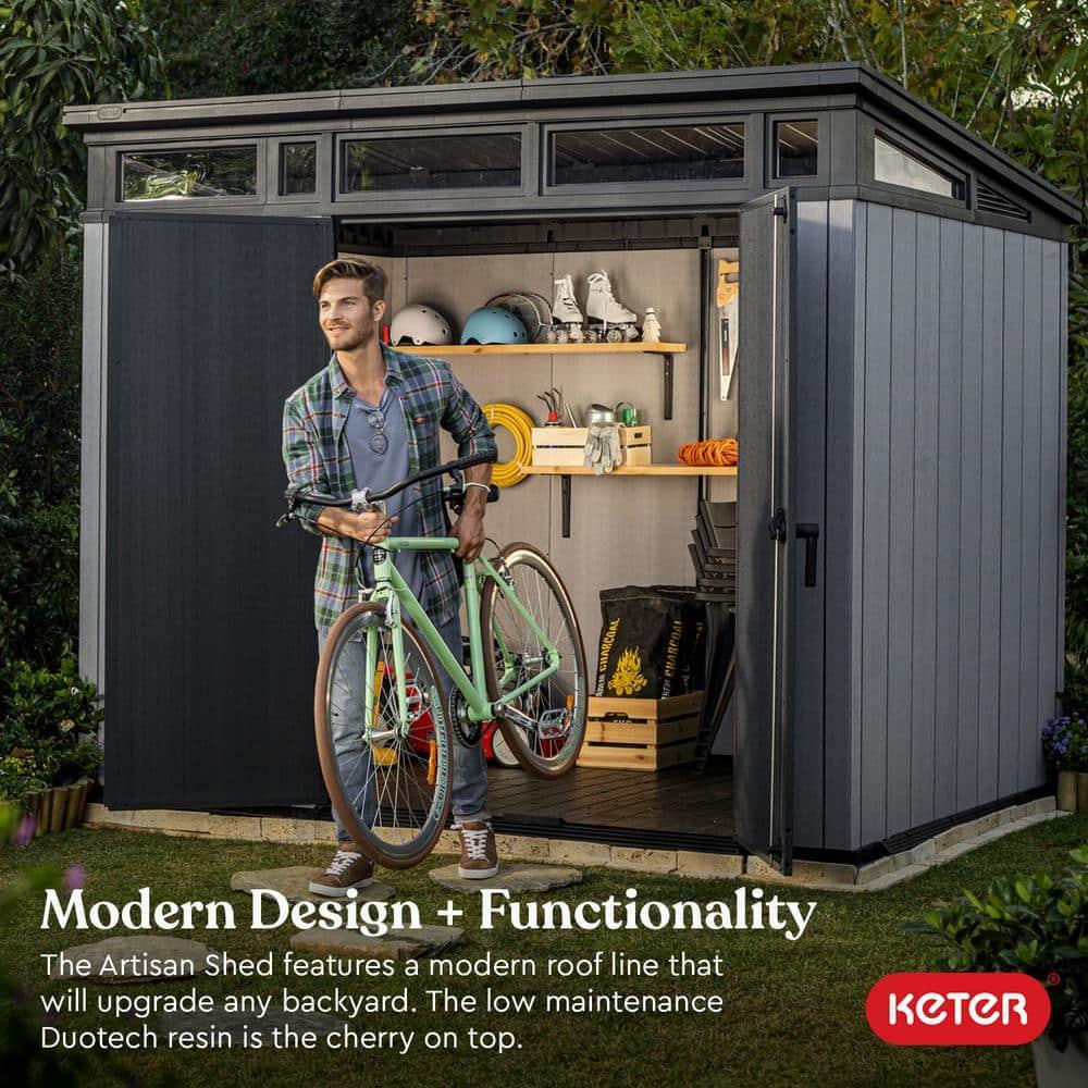 Keter Keter Artisan 11x7 ft. Modern Durable Resin Outdoor Storage Shed With Floor and Double Doors for Garden Patio Furniture and Tools, Grey