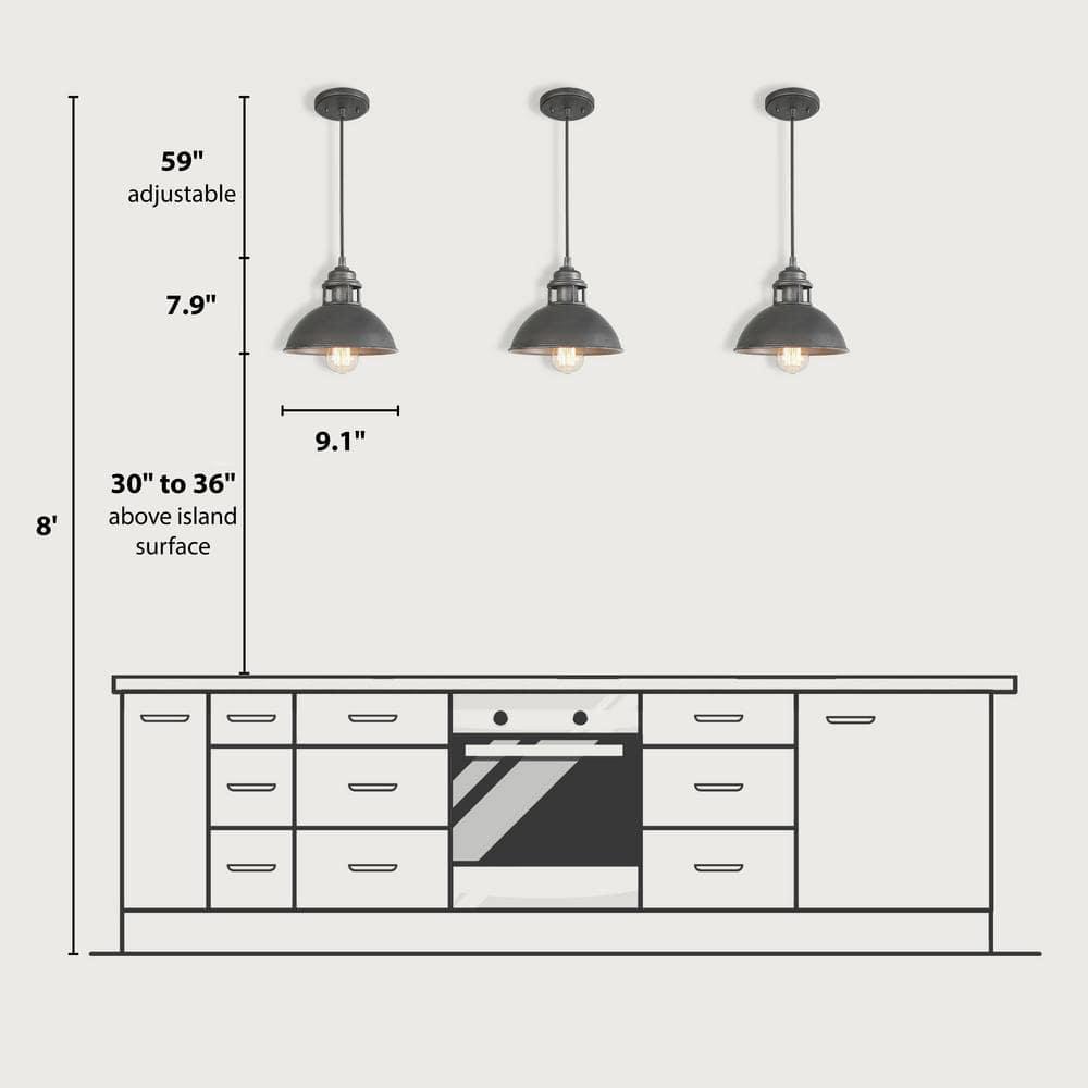 9" Industrial Mini Pendant Light, Brushed Gray Dome Metal Fixture for Kitchen Island or Dining