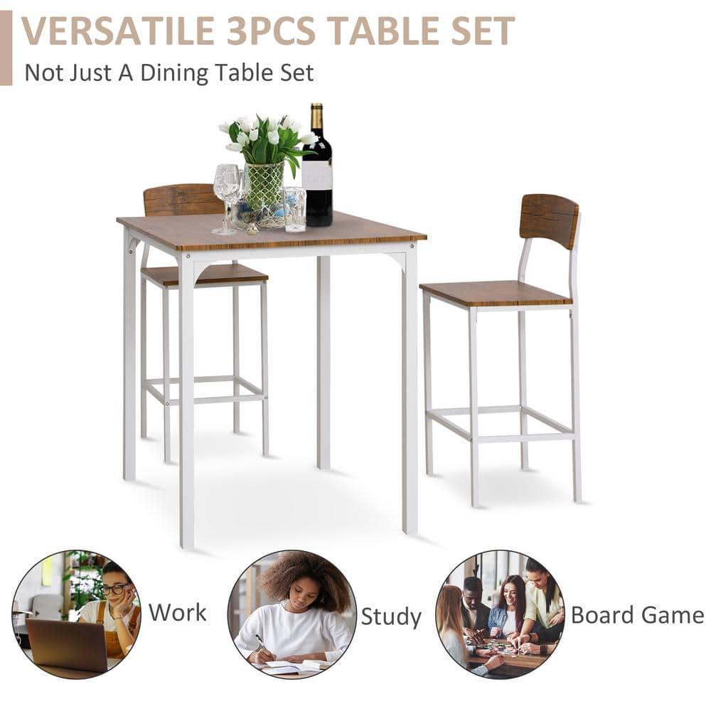HOMCOM 3 Piece Bar Table and Chairs Set, Industrial Small Dining Table Set for 2, Square Kitchen Table and Stools, Walnut and White