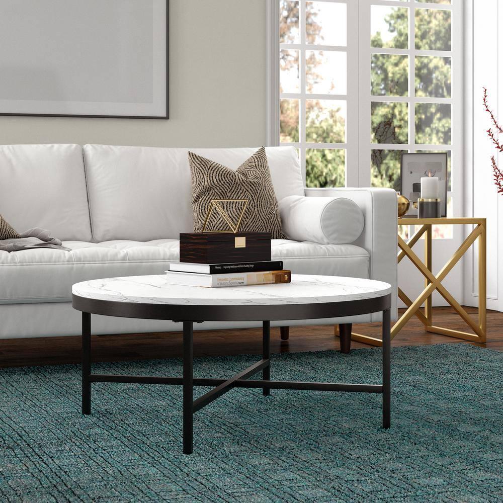 Evelyn&Zoe Xivil 36" Wide Round Coffee Table with Faux Marble Top in Blackened Bronze/Faux Marble