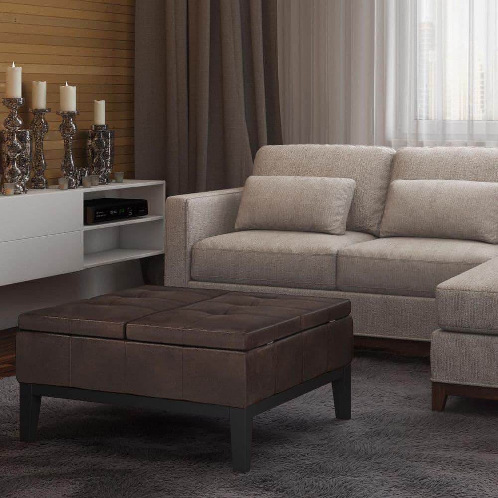 Simpli Home Dover 36"W Upholstered Square Coffee Table Storage Ottoman with Split Tufted Lift Top & Reviews | Wayfair