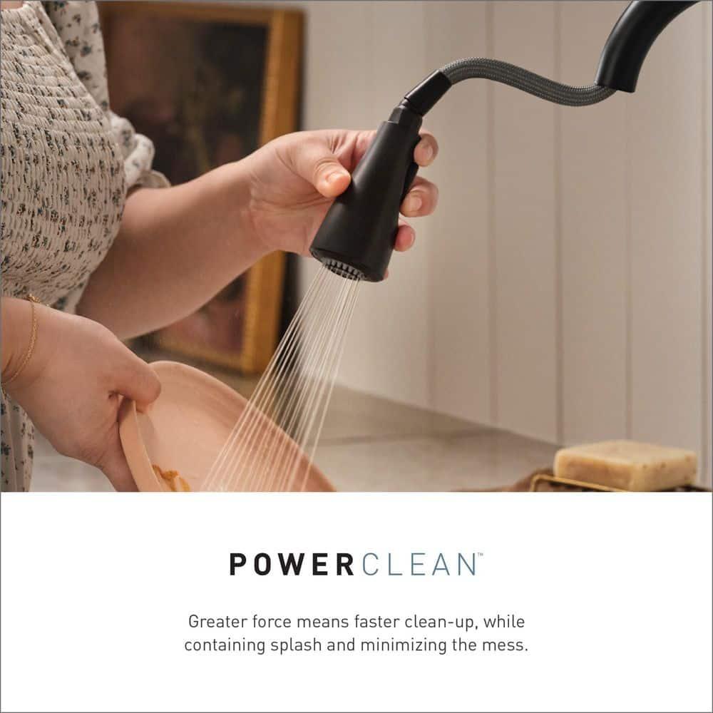 Moen Essie Pre-Rinse Spring Pull Down Single Handle Kitchen Faucet with Power Clean Technology and Soap Dispenser
