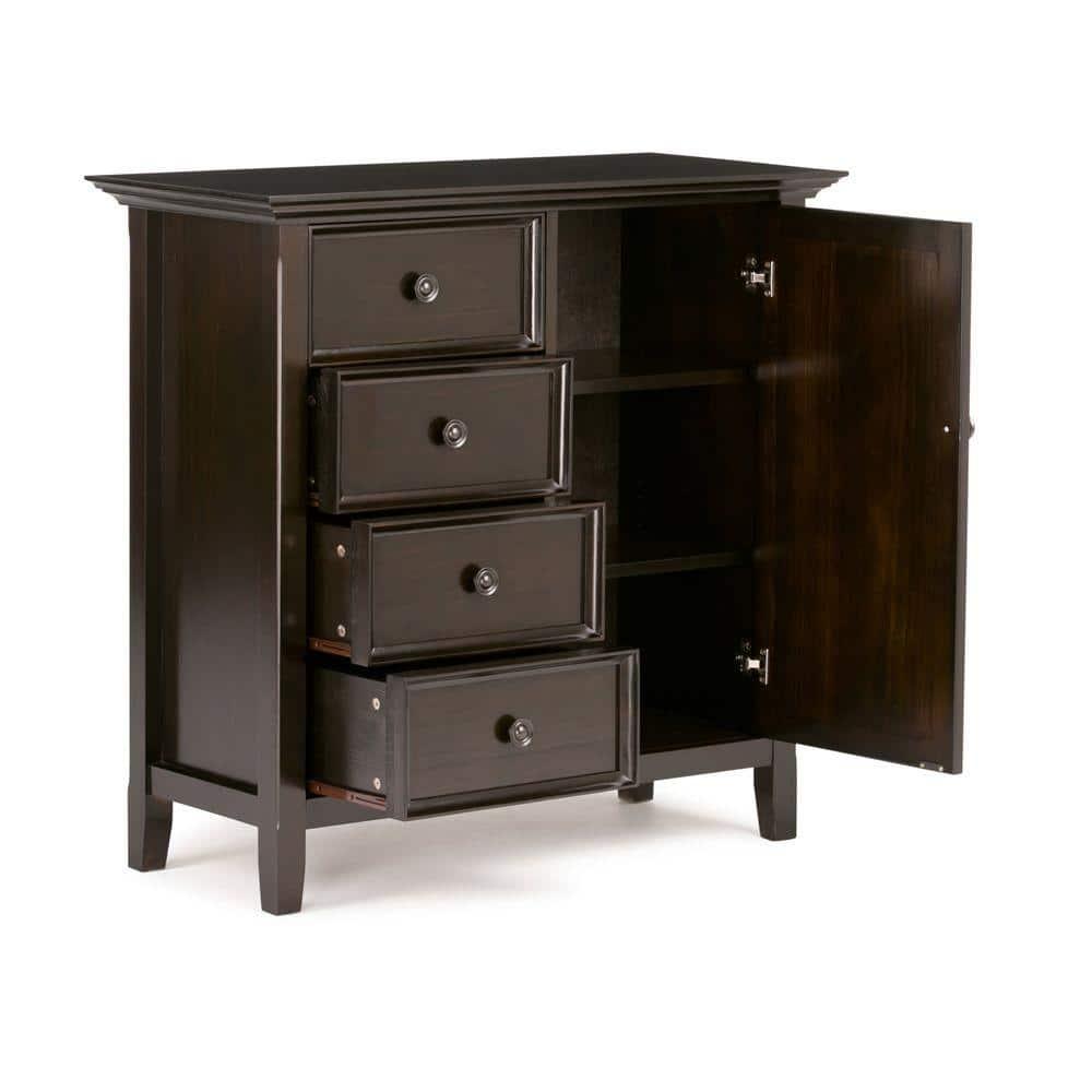 Simpli Home Amherst 32"W Solid Wood 2-Shelf Low Storage Cabinet with Adjustable Shelves and Tapered Legs