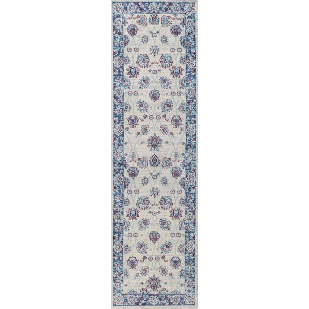 2'x8' Modern Persian Vintage Moroccan Traditional Area Rug, Cream/Navy - JONATHAN Y