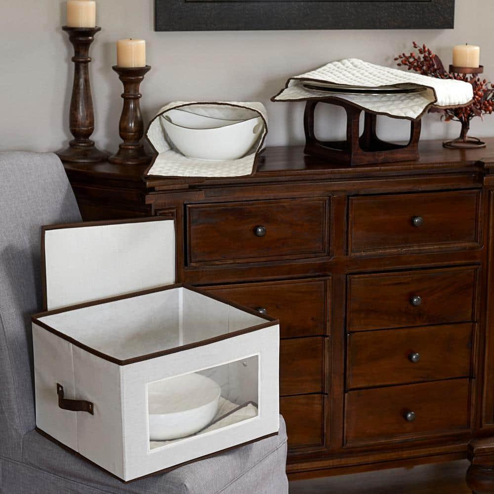 Large Serveware Storage Box, Polyester Canvas with Fiberboard Sides, 3 Protective Pouches, Fully Removable Lid, Natural with Brown Trim