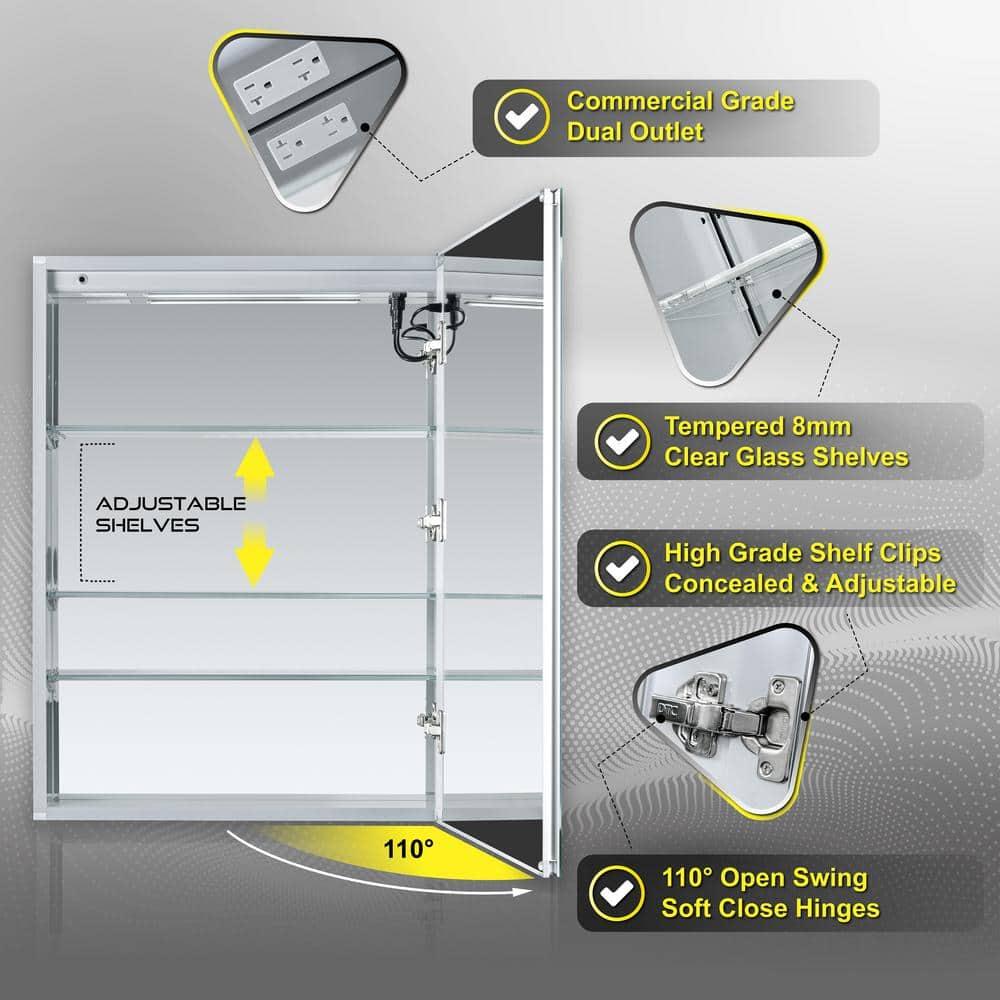 DECADOM LED Mirror Medicine Cabinet Recessed or Surface, Dimmer, Clock, Room Temp Display, Dual Outlets (Duna 24x32 RT)