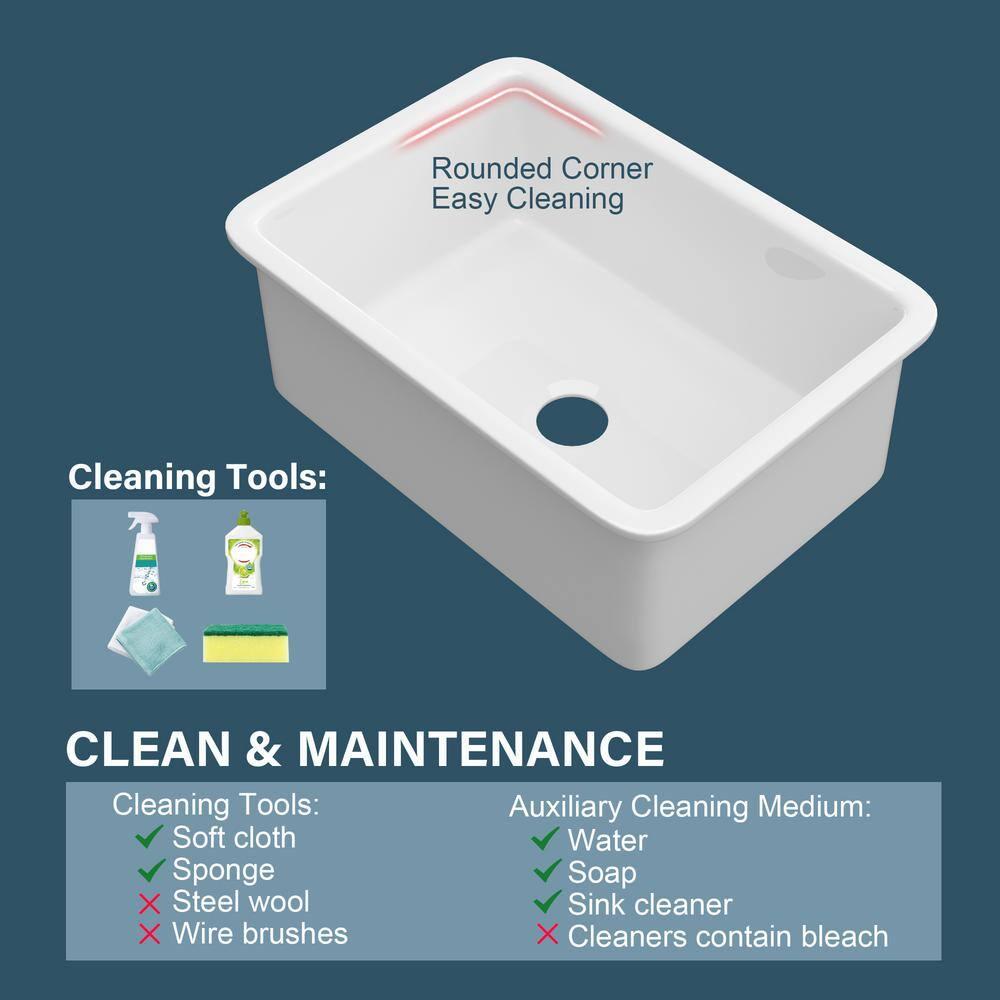 32" L x 19" W Single Bowl Fireclay Kitchen Sinks White with Bottom Grids and Basket Strainer