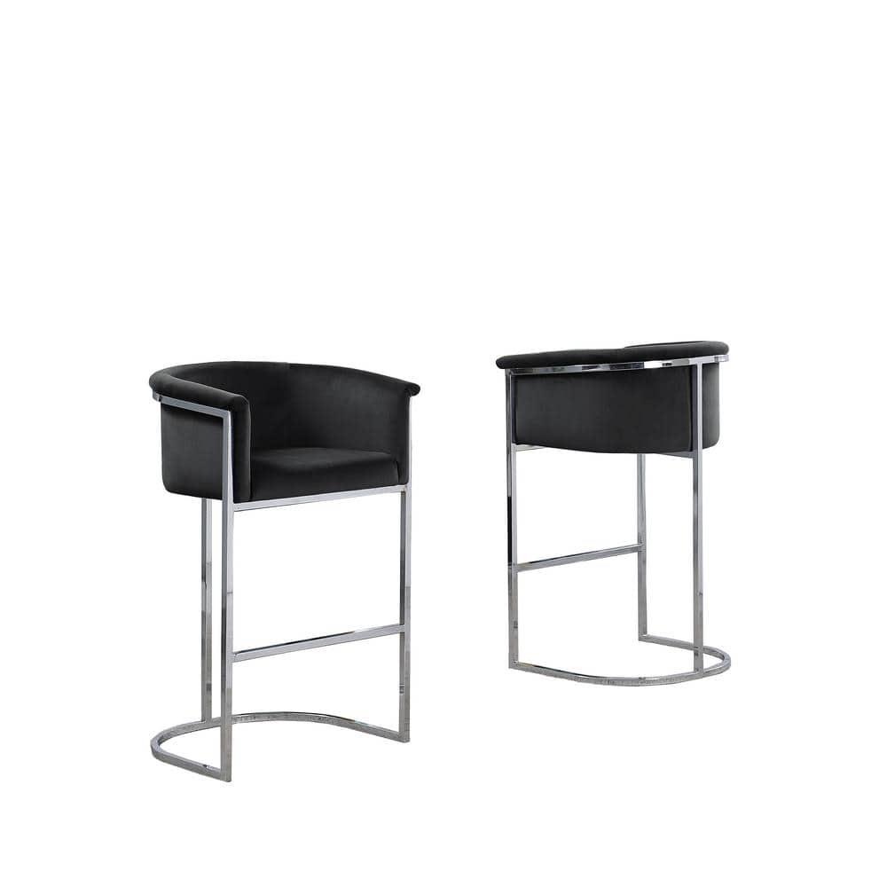 Black Velvet Counterheight Chair (Single) with Silver Metal Chrome Base
