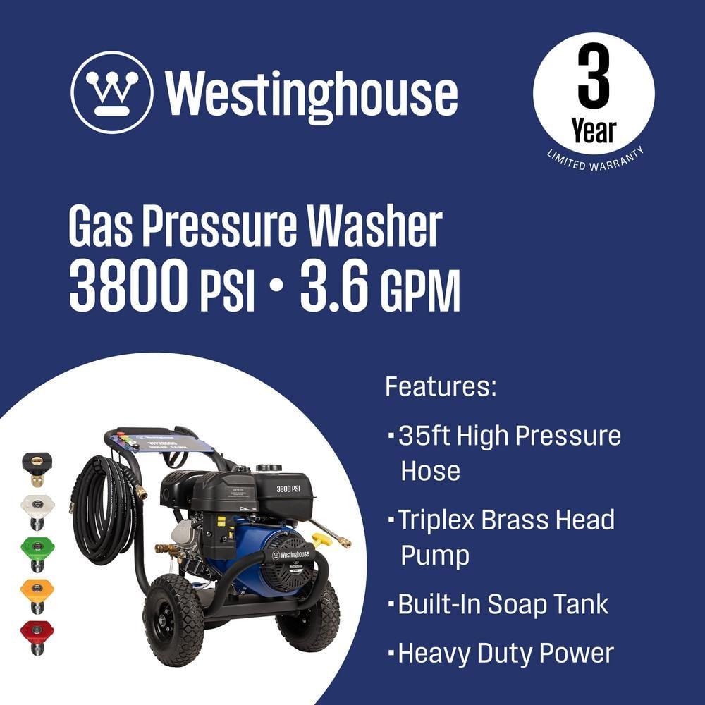 Westinghouse 3800-PSI 3.6-GPM Gas Pressure Washer, Heavy Duty, 5 Nozzles, Soap Tank